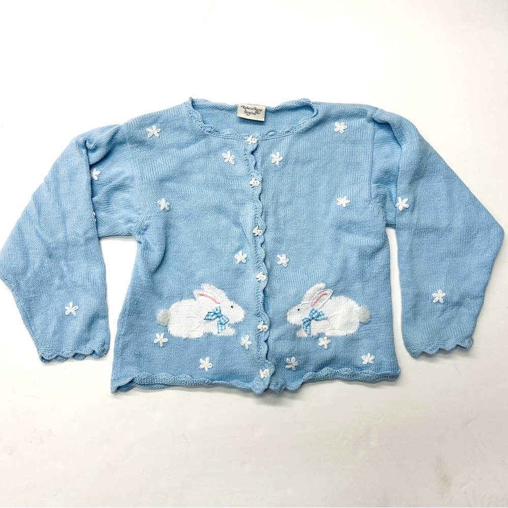 Vintage Rebecca Raggs Original Blue Bunny Rabbit Knit Cardigan Sweater Easter